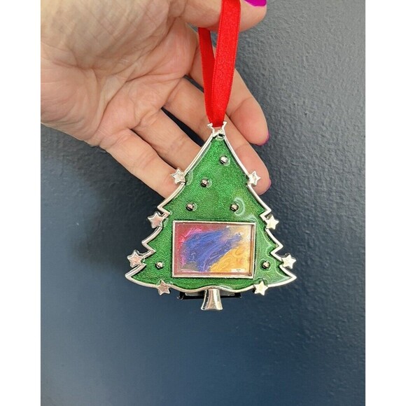 Green Enamel Silver Christmas Tree Photo Frame Red Ribbon Ornament Holiday Mes - Picture 1 of 3